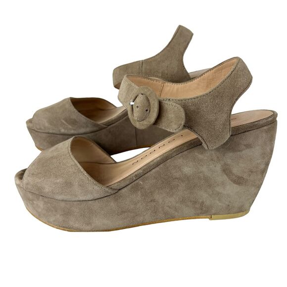 SACHA LONDON Taupe Suede Wedge Platform Heel Peep Toe Buckle Slingback US Size 9 - Picture 1 of 7